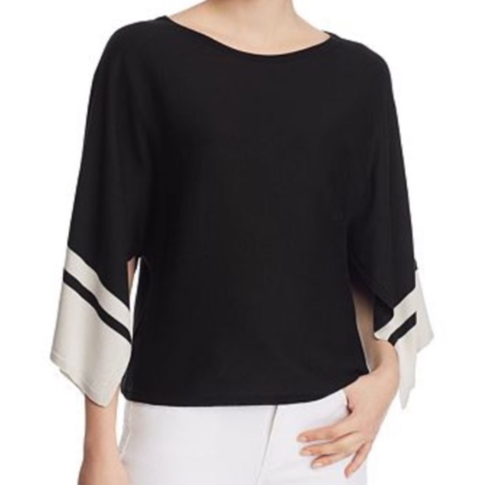 Eileen Fisher Size XXS Black Rib Knit Slit Sleeve Sweater Top Lyocell Silk Blend